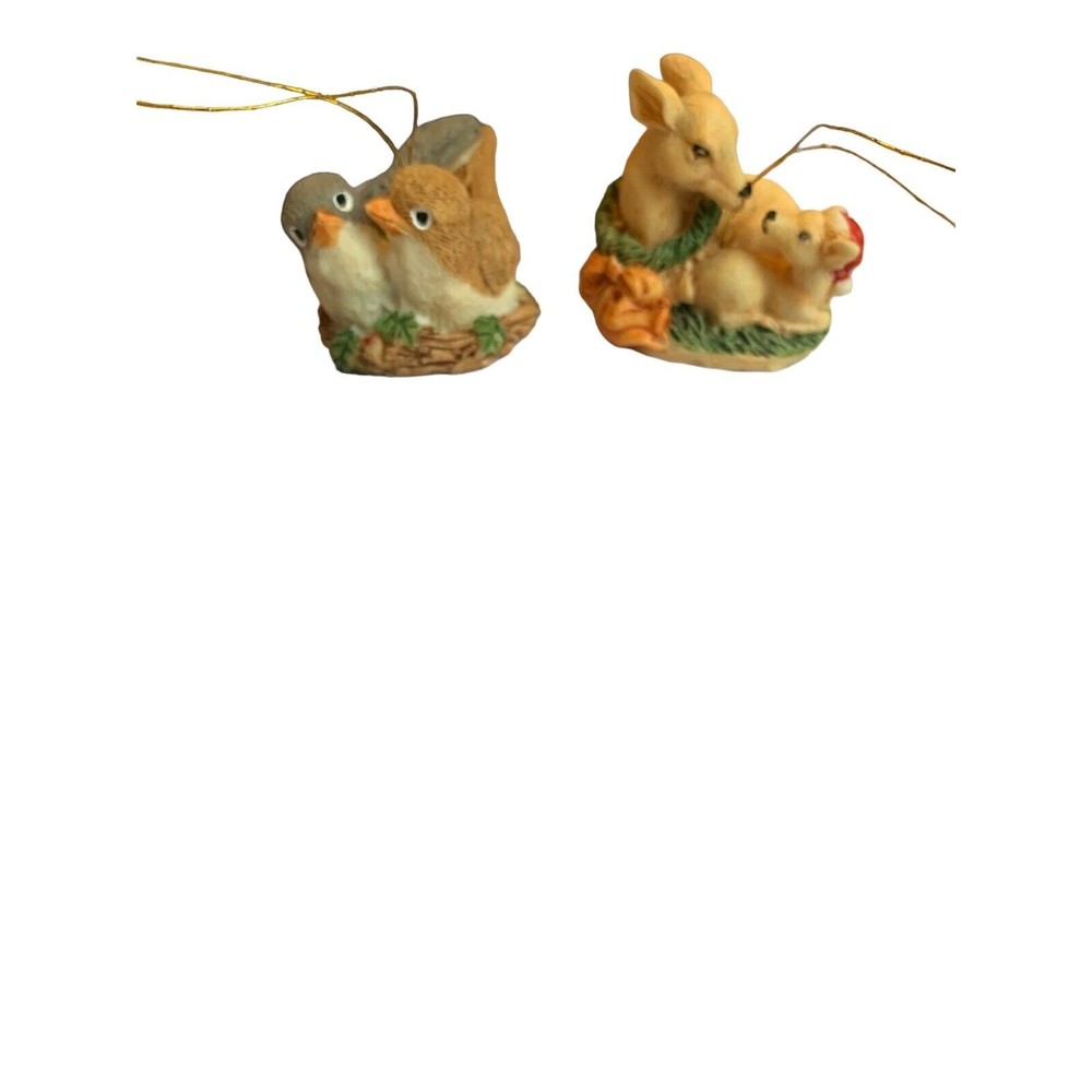 Vintage Forest Friends Miniature Resin Ornaments Fawn & Doe and Bird Pair By GAO